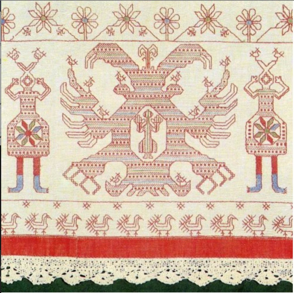 The Russian-Aryan embroideries of the Far North of Russia depicting the Mother-Falcon Winged Lioness are the most ancient and most sophisticated of all depictions of the Matriarchy of the Mother-Falcon Winged Lioness. They are the source for all other depictions of Mother-Falcon Winged Lioness around the world. Since Russian-Aryans were moving South from the Russian North Pole, the two-headed and winged Mother on Russian embroideries is more ancient than the two-headed Falcon of Sumer / Samar of Iraq.