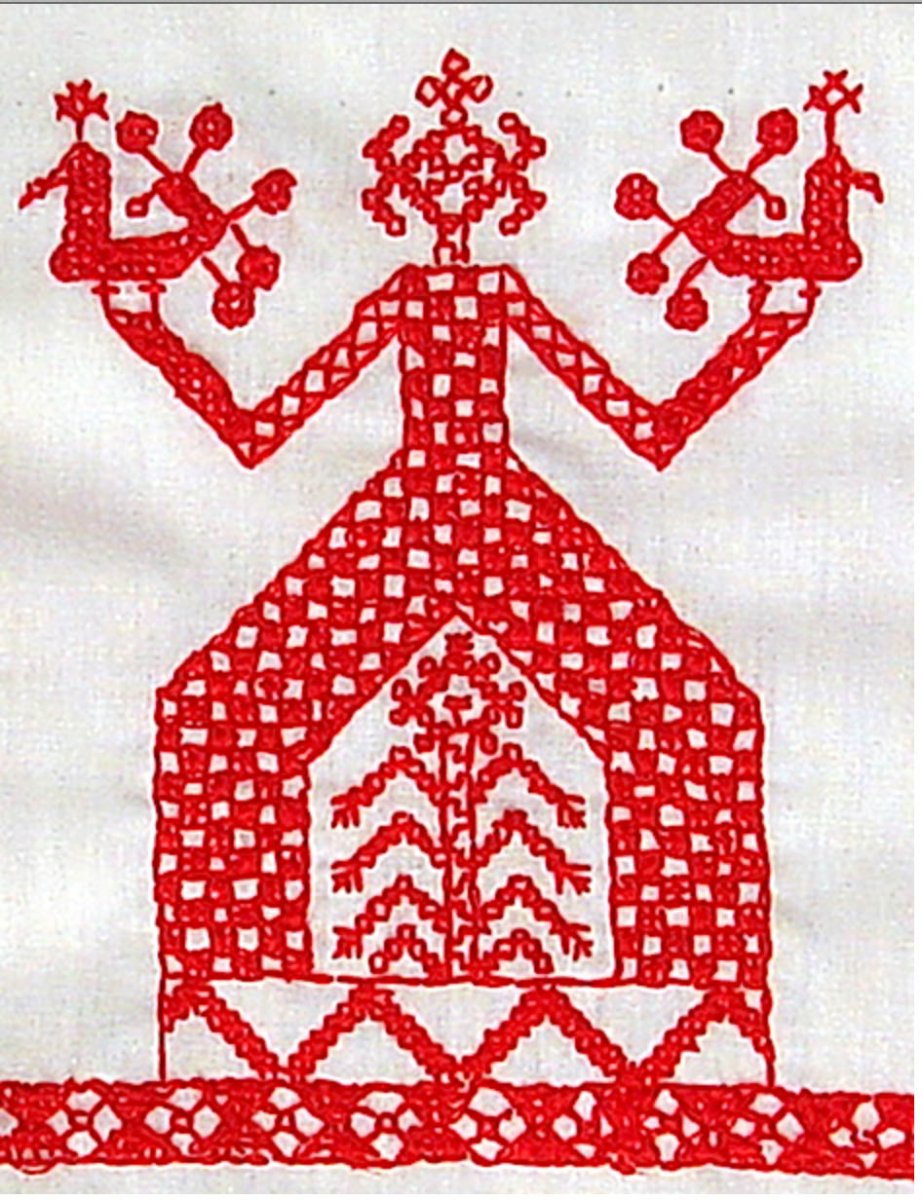 Here we see a child-bearing Mother with a baby in her womb and two Birds in her both hands, which symbolize the Souls she brings into this dimension. Falcon is often substituted with a Peacock to designate that Mother’s symbol is the Fiery Falcon or the Sun-Bird or the Thunder-Bird, in Russian folklore – the Fire Bird.